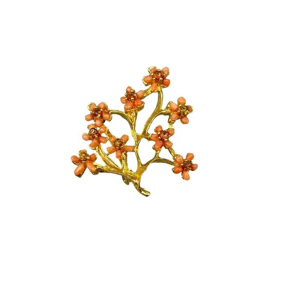 Vintage Gold Tone Floral Brooch with Coral & Citrine Gemstone Chips Twig Branch - Picture 1 of 7